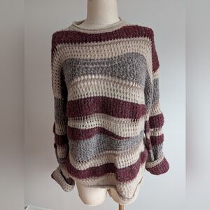 CHARLIE B Burgundy and Gray Striped Sweater